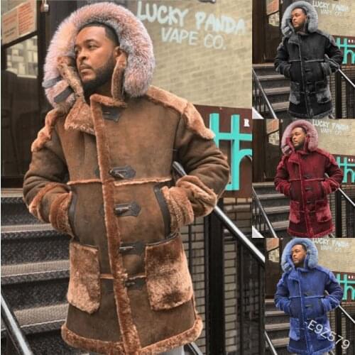 Long Faux Fur Coat Men Plus Size Jacket Winter Warm Fashion Plus Velvet Horn Button England Style Hooded Jackets Lugentolo