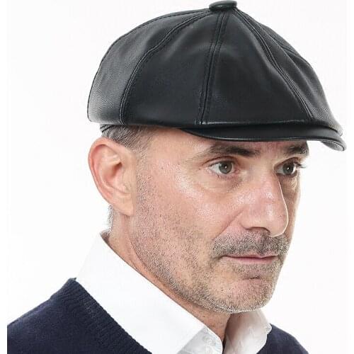 Mens Fashion Fur Hat Students Black Leather Octagonal Hat Middle-aged Visors Cap Mens Winter Warm Painter Cap B-8655