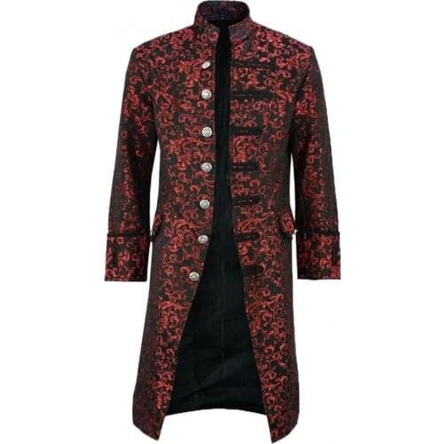 Men Jacquard Weave Stand Collar Coat Long Sleeve Floral Print Victorian Retro Style Halloween Costume Outwear