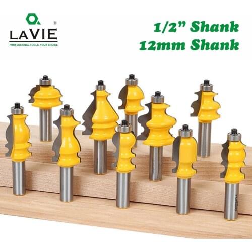 LA VIE 10pcs 12mm 1/2" Shank Architectural Molding Router Bits Set Casing Base CNC Line Woodworking Cutters Face Mill MC03061