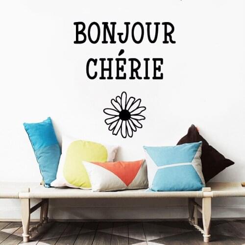 Romantic Wall Stickers Bonjour Chérie French Quotes Mural Flower Decals Vinyl Bedroom Livingroom Decoration Wallpaper RU2434
