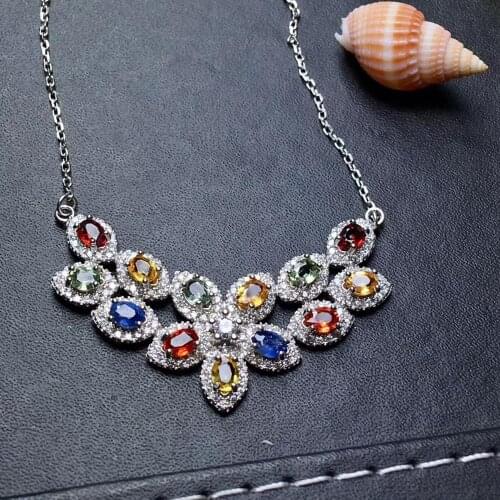 Natural Multicolor sapphire necklace Pendant S925 silver natural gemstone necklace Luxurious Wide Row woman party gift jewelry