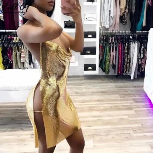 Novelty Sexy Bandage Sleeveless Halter Split Sequins Dress Luxury Backless Metal Chain Night Club Party Dresses 2020 vestidos
