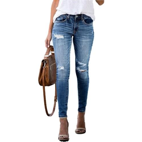 2020 New Mid Waist Skinny Spring Ripped Jeans Woman Vintage Distressed Denim Pants Holes Pencil Pants Femme Casual Jean Trousers