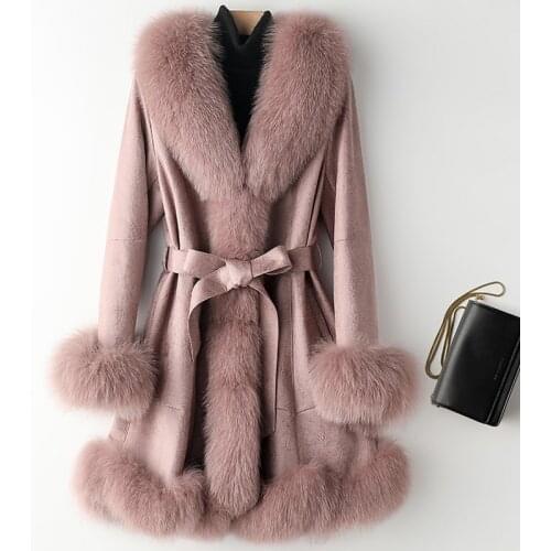 New Fashion Real Natural Fox Fur Collar Rabbitskin Women Long Coat With Pocket Genuine Leather2020 Winter New Fashion FurOutwear