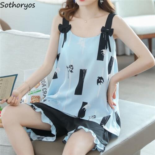 Pajama Sets Women Chiffon Sweet Strappy Sleeveless Bow Pleated Padded Thin Sleepwear Lady Comfortable Leisure Chic Loose Stylish