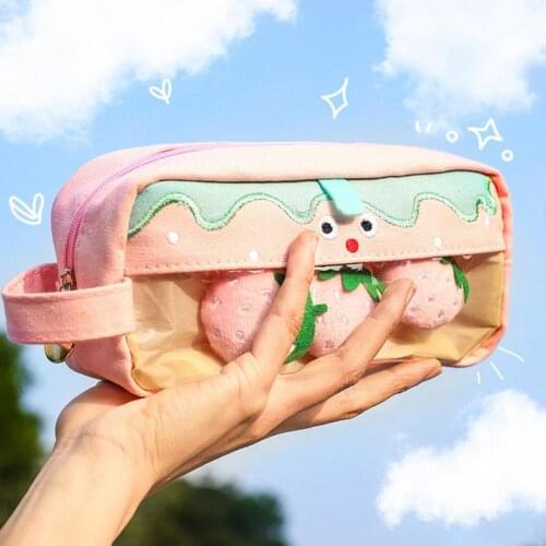 Portable Pencil Bag Large Capacity Easy to Pull Canvas Student Pencil Case or kids pen bag School Stationery Storage bag cute