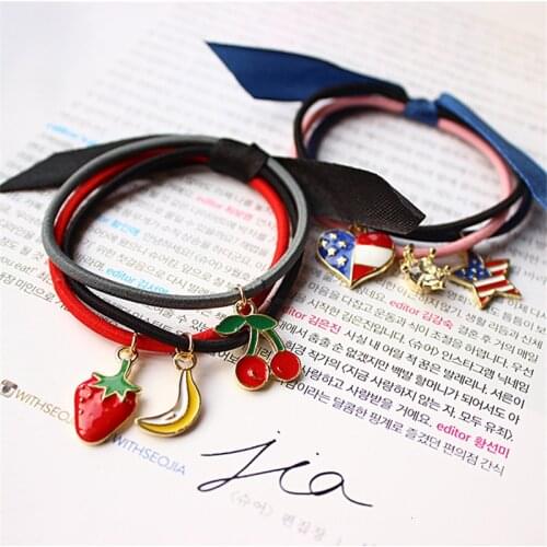 New Korean Fashion Hair Jewelry Rubber Band For Women Trendy Geometric Metal Pendant Bow Hair Rope Headwear Hair Ring Girl Gift