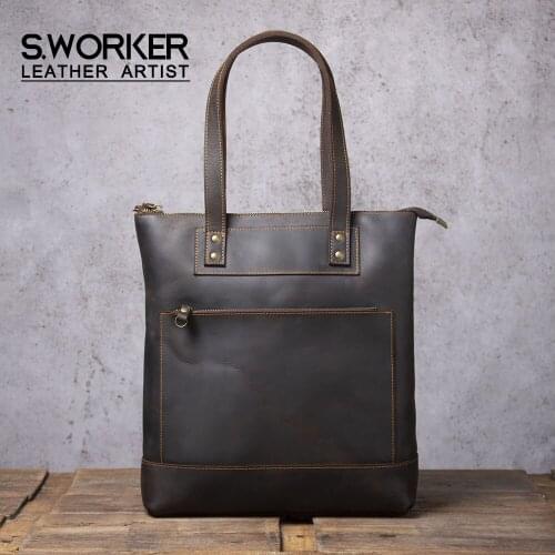 S.WORKER Vintage Genuine Leather Mens Handbag Cowhide Briefcase Shoulder Bag Women Casual Tote Bag 2020 NEW Crazy-horse Leather
