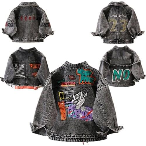 Grey Letter Denim Baby Jacket 90-130CM Fashion Colorful Letter Jean Jacket Tops Spring Fall Casual Baby Boy Girl Coat Clothes
