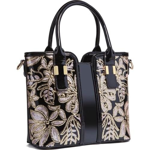 Women Appliques Flower Messenger Bag Patent Leather Shoulder Handbag Lady Tote Bags