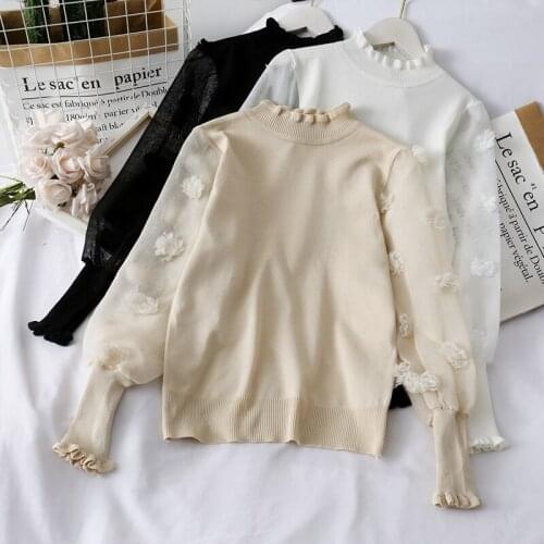 New Women Lantern Long Sleeve Mesh Knitted Tops Female 2020 Spring Pullovers Stand Ladies Fashion Casual T-shirts Solid Color