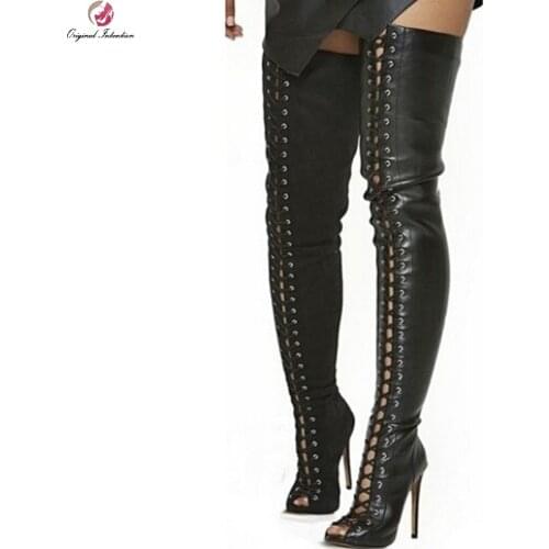 Women Thigh High Boots Wide Calf Front Lace Cross-tied Party Heeled Boots Summer Shoes Botines Mujer Botas Large Size 52