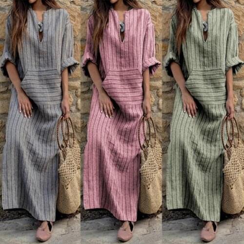 Vintage Stripe Print V-Neck Long Sleeve Women Loose Cotton Linen Maxi Dress Autumn Women Dress Maxi Dress Lady Casual Vestidos