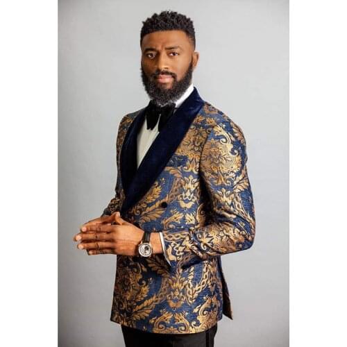 2020 Custom Made Navy Blue Gold Floral Double Breasted Men Suits With Pants Wedding Best Man Blazer Costume Homme Groom Tuxedo