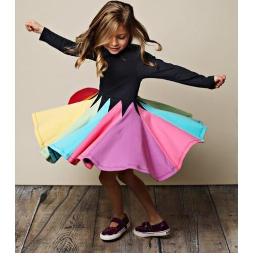 2020 Girls Dress Long Sleeve Mixed Colors Rainbow Princess Dresses Kids Children Party Birthday Vestidos Clothes