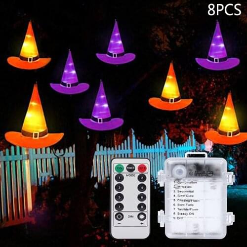 8pcs Halloween Decoration Witch Hats LED Lights Cap Halloween Costume Props Outdoor Tree Hanging Ornament Home Glow Party Decor