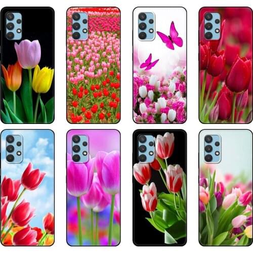 Black tpu Case For Samsung galaxy A32 A42 A52 A72 4g 5g S21 PLUS ultra back cover Spring Tulips Flower