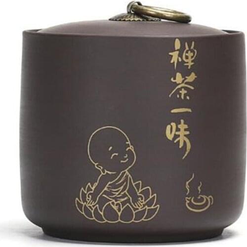 Purple Clay Tea Caddy Moisture-proof Sealed Storage Jar Tea Leaf Box Chinese Style Monk Pattern Ceramic Crafts Teaware Canister