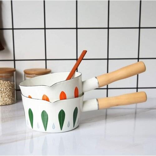 FQYL Enamel Small Milk Pot, Baby Food Cooking Pot, Frying Pan, Beautifully Patterned Soup Pot with Wooden Handle