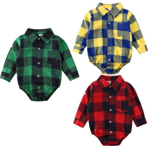 0-24M Newborn Baby Girl Boy Romper Jumpsuit Clothes Plaid Print Single Breasted Cotton Rompers Outfits Set