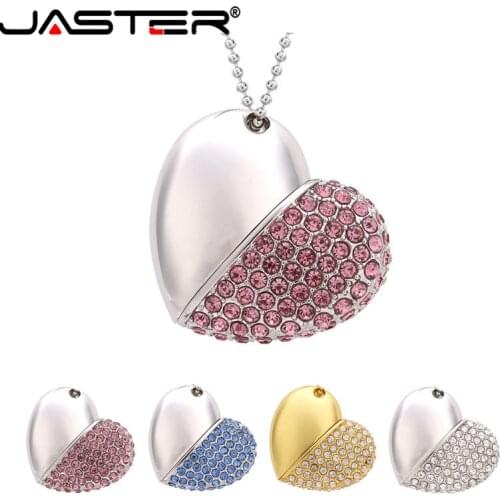 JASTER USB 2.0 Pen drive metal keychain 4GB 16GB 32GB 64GB Metal crystal heart usb flash drive pendrive usb stick customer logo
