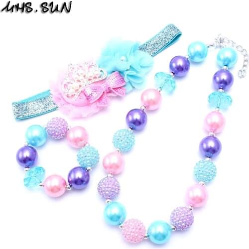 MHS.SUN Cute girls children jewelry set pink purple&blue flower headband pearl chunky bubblegum bead necklace bracelet set BN133