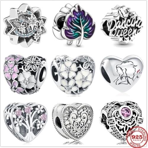 New Original Silver Heart Flower leaf Charm Bead fit Pandora charms silver 925 beads Bracelet for women DIY Jewelry Gift