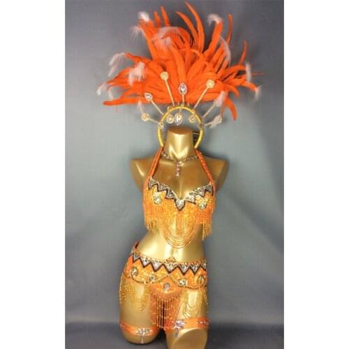 Free shipping2016 hot selling Sexy Samba Rio Carnival Costume new belly dance costume with Orange Feather Head piece