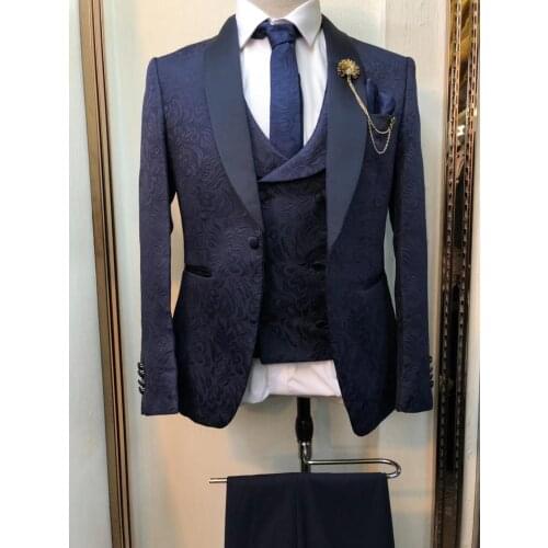 New Style Groomsmen Shawl Lapel Groom Tuxedos blue navy Men Suits Wedding Best Man Blazer (Jacket+Pants+Tie+Vest)3piece