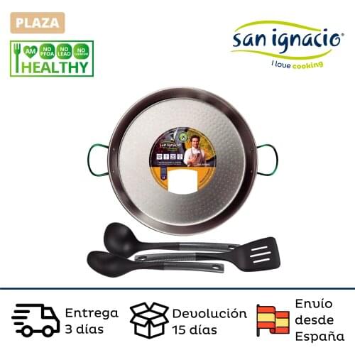 Paellera SAN IGNACIO polished steel 30 cm with 3 kitchen utensils in nylon