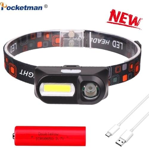 Portable mini XPE+COB LED Headlamp USB Rechargeable Camping Tactical Head lamp Fishing Torch Work Light torch by 18650 battery