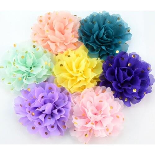 Nishine 30pcs/lot 4" Chiffon Flowers with Gold Dot for Diy Headband Clips Kids Girls Headwear Handmade Hair Accessories