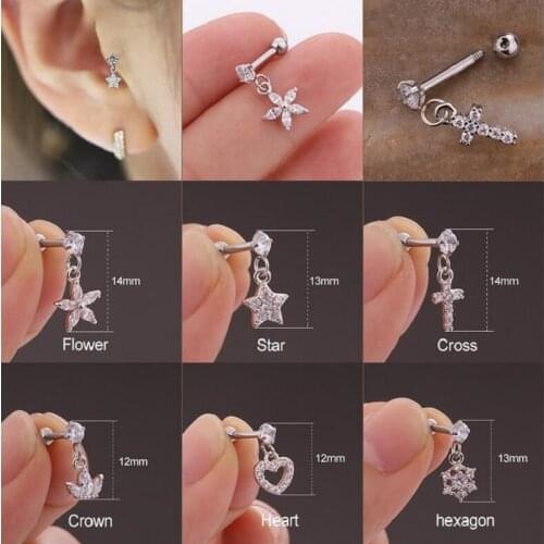 1pc/lot 6 Styles Geometric Zircon Stud Earring Single Stainless Steel Screw Earrings Creative Ear Piercing Jewelry For Women