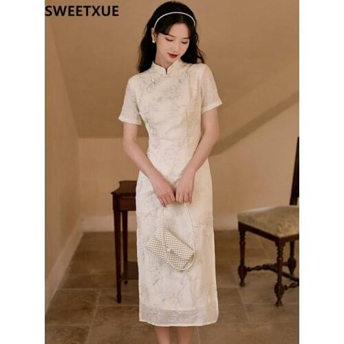 SWEETXUE Women Chinese Style Full Embroidery Improved Cheongsam Elegant Temperament Slim Dress Female Summer 2021 Lady