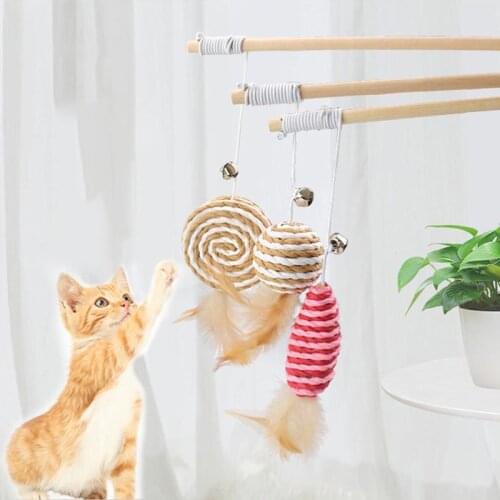Creative Wood Pet Toys Cat Teaser Rod Interactive Funny Cat Rod Linen Knitted Replacement Head Cat Accessories Pet Supplies