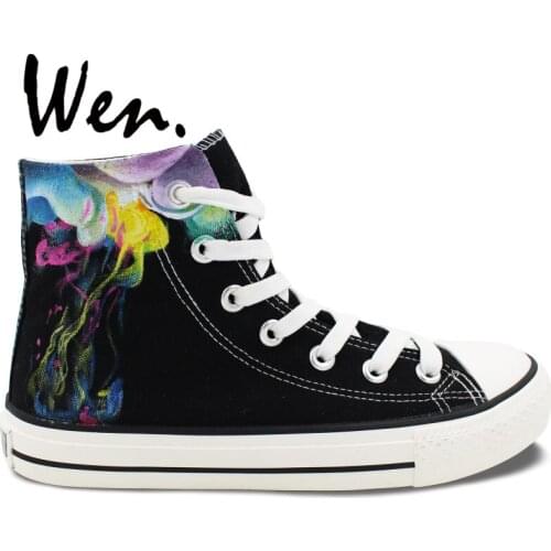 Wen Hand Painted Black Canvas Shoes Design Custom Colorful Smoke Men Womens High Top Canvas Sneakers for Christmas Gifts