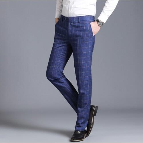 2021 spring autumn luxury mens business casual trousers suit pants men formal wear wedding striped plaid slim trousers 29-38