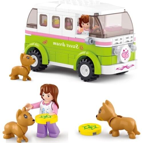 [Funny] 158pcs/set Friends Station Wagon Dream Outing Travel Car Puppies Building Blocks Car+Figure+Dog model sets kids gift toy