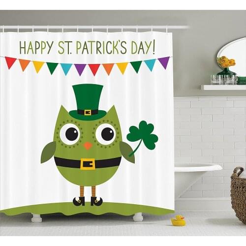 St. Patricks Day Shower Curtain Owl with Leprechaun Costume Greeting for Party Shamrock Bath Curtains For Bathroom Bathtub