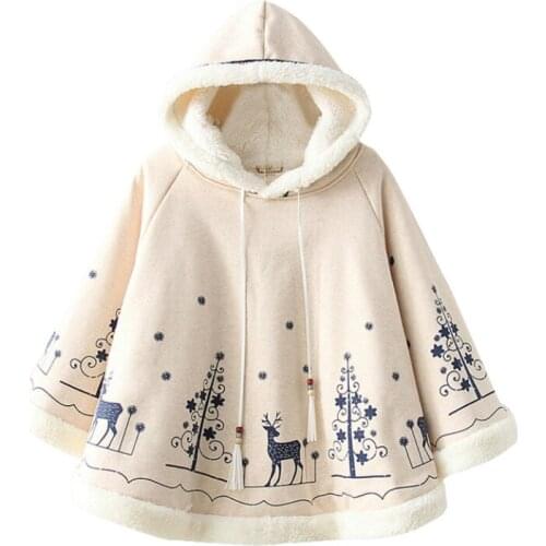 Cloak Jacket Women 2020 Winter Cartoon Print Hooded Coat Batwing Sleeve Thick Plus Velvet Sweet Style Outwear For Teenage Girls