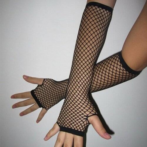 Punk Lady Disco Dance Costume Lace Fingerless Mesh Hollow Fishnet Gloves Black