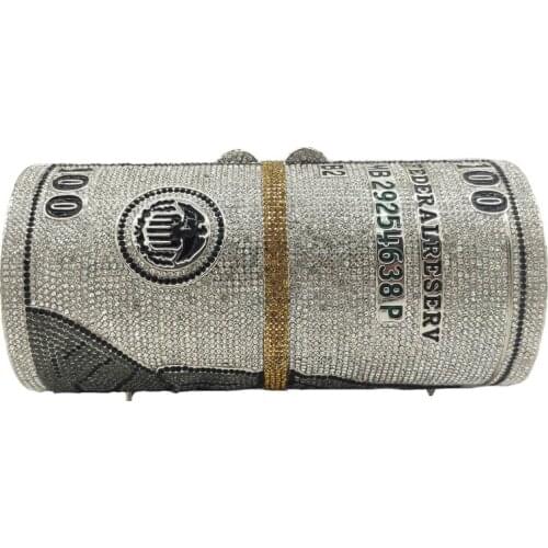 New Design Woman Luxury Roll Diamond Money Purse Money Bag Clutch 100 Dollar Handbag Ladies Evening Rhinestone Party Purse