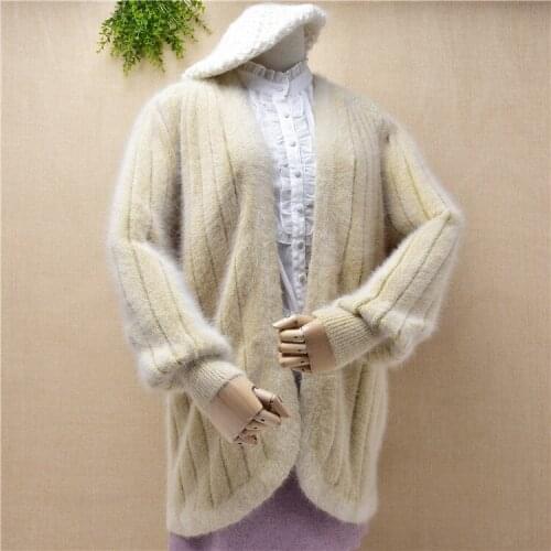 Ladies women light yellow soft hairy vintage angora rabbit fur knitted long striped sleeves mink cashmere cardigans jacket coat