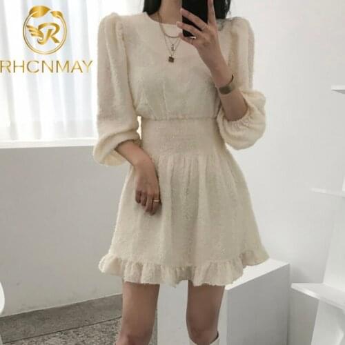 2021 Early spring Chic Crew neck Jacquard Dress Female New Long style Pleating Slim Fashion Plush Bottoming Dress