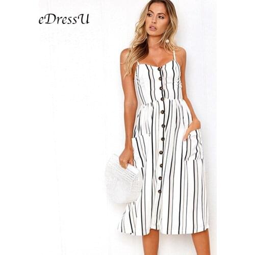 2020 Stripe Summer Dress Mid-Calf Women White Casual Dress Print Polka Dot Straps Buttons Floral Dress eDressU CLX-0665