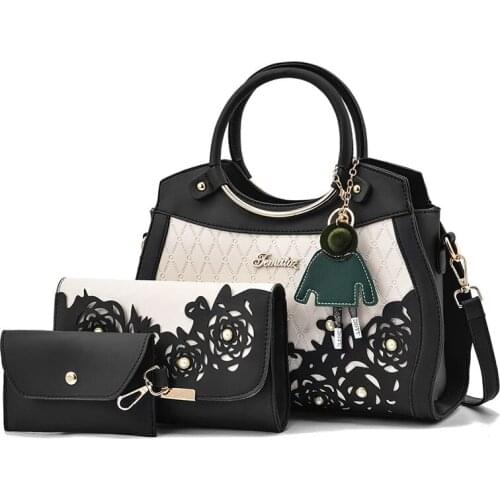 3pces/set Female Composite Bags Hollow Out Ombre Handbag Floral Print Shoulder Bag Ladies Pu Leather Casual Tote Bags Vintage