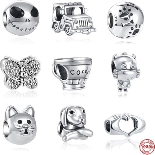 New 925 Sterling Silver Dog Paw Butterfly Car Coffee Cup DIY fine beads Fit Original Pandora Charm Bracelet Jewelry Women