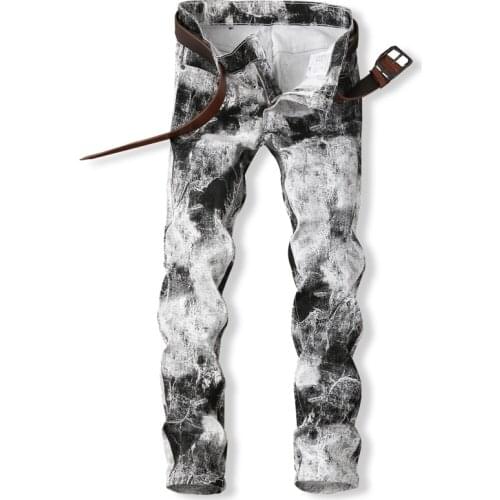 New mens male European American fashion Personality black and white splash ink print jeans slim denim pants nightclub trousers