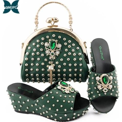 Classics African Women Royal Wedding Party Shoes and Bag to Match with Shinning Crystal in Green Color Italian Style Set
